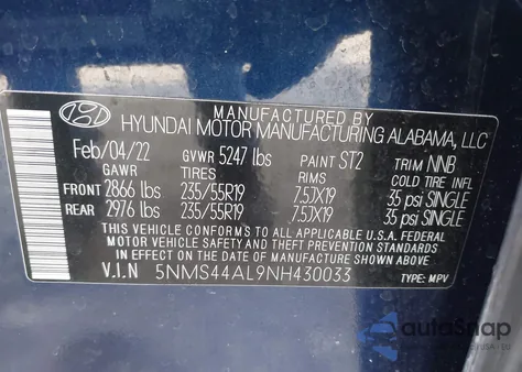 2022 Hyundai Santa Fe Limited z USA, uszkodzony, nr VIN 5NMS44AL9NH430033